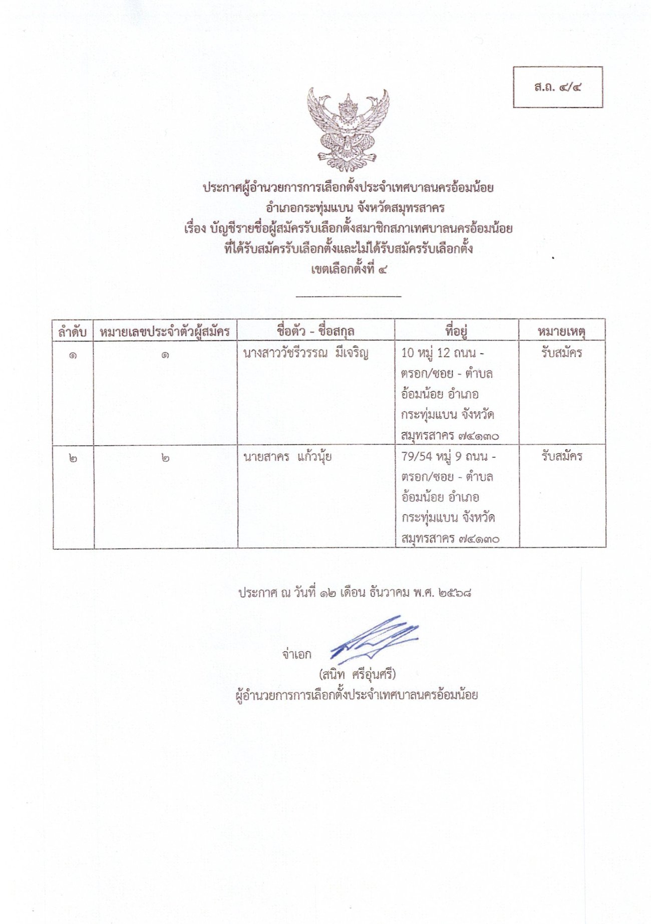 ประกาศผู้อำนวยการการเลือกตั้งประจำเทศบาลนครอ้อมน้อย อำเภอกระทุ่มแบน จังหวัดสมุทรสาคร เรื่อง บัญชีรายชื่อผู้สมัครรับเลือกตั้งสมาชิกสภาเทศบาลนครอ้อมน้อย ที่ได้รับสมัครรับเลือกตั้งและไม่ได้รับสมัครรับเลือกตั้ง เขตเลือกตั้งที่ 4